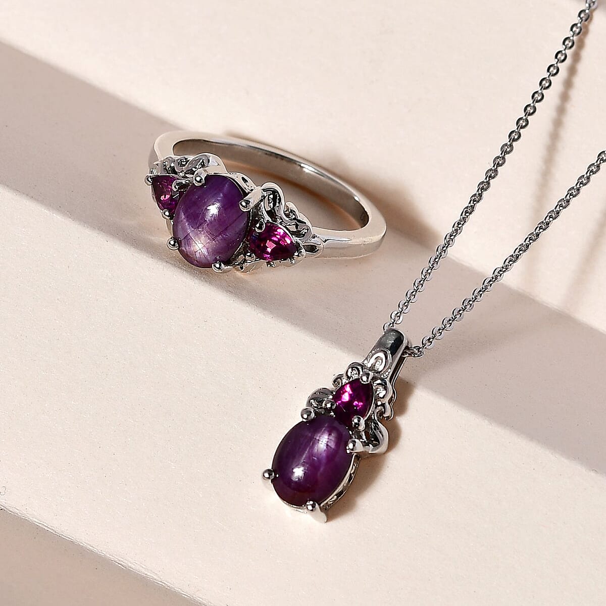 Premium Indian Star Ruby and Orissa Rhodolite Garnet Ring (Size 7.0) and Pendant Necklace 20 Inches in Platinum Over Sterling Silver 4.15 ctw image number 1