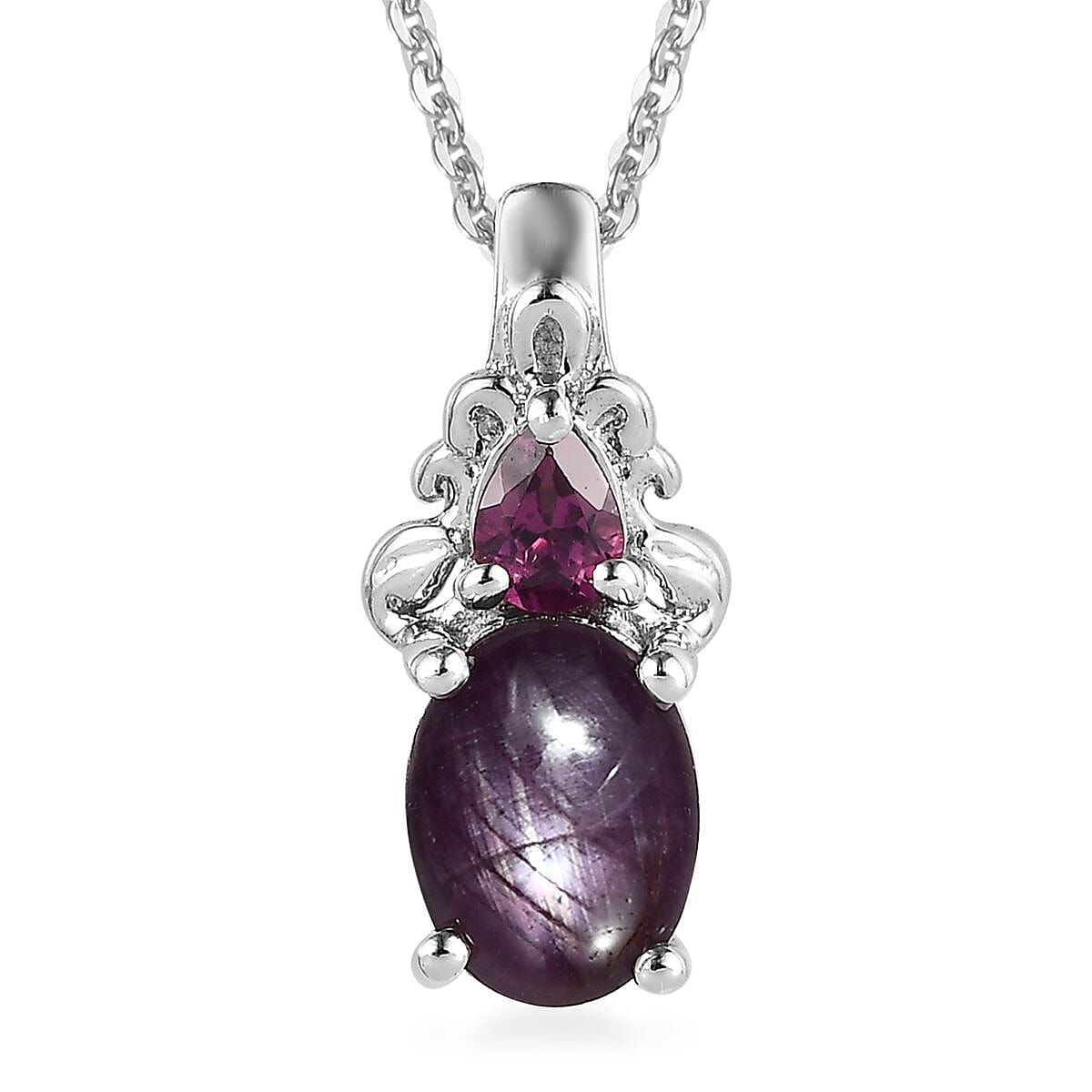 Premium Indian Star Ruby and Orissa Rhodolite Garnet Ring (Size 7.0) and Pendant Necklace 20 Inches in Platinum Over Sterling Silver 4.15 ctw image number 4