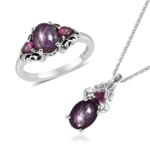 Premium Indian Star Ruby and Orissa Rhodolite Garnet Ring (Size 8.0) and Pendant Necklace 20 Inches in Platinum Over Sterling Silver 4.15 ctw