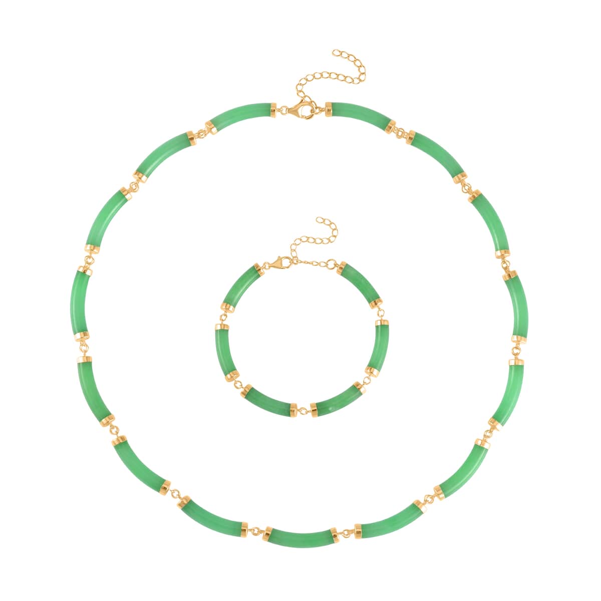 Green Jade (D) Bracelet (6.50-8.50In) and Necklace 18-20 Inches in Vermeil Yellow Gold Over Sterling Silver 152.00 ctw image number 0