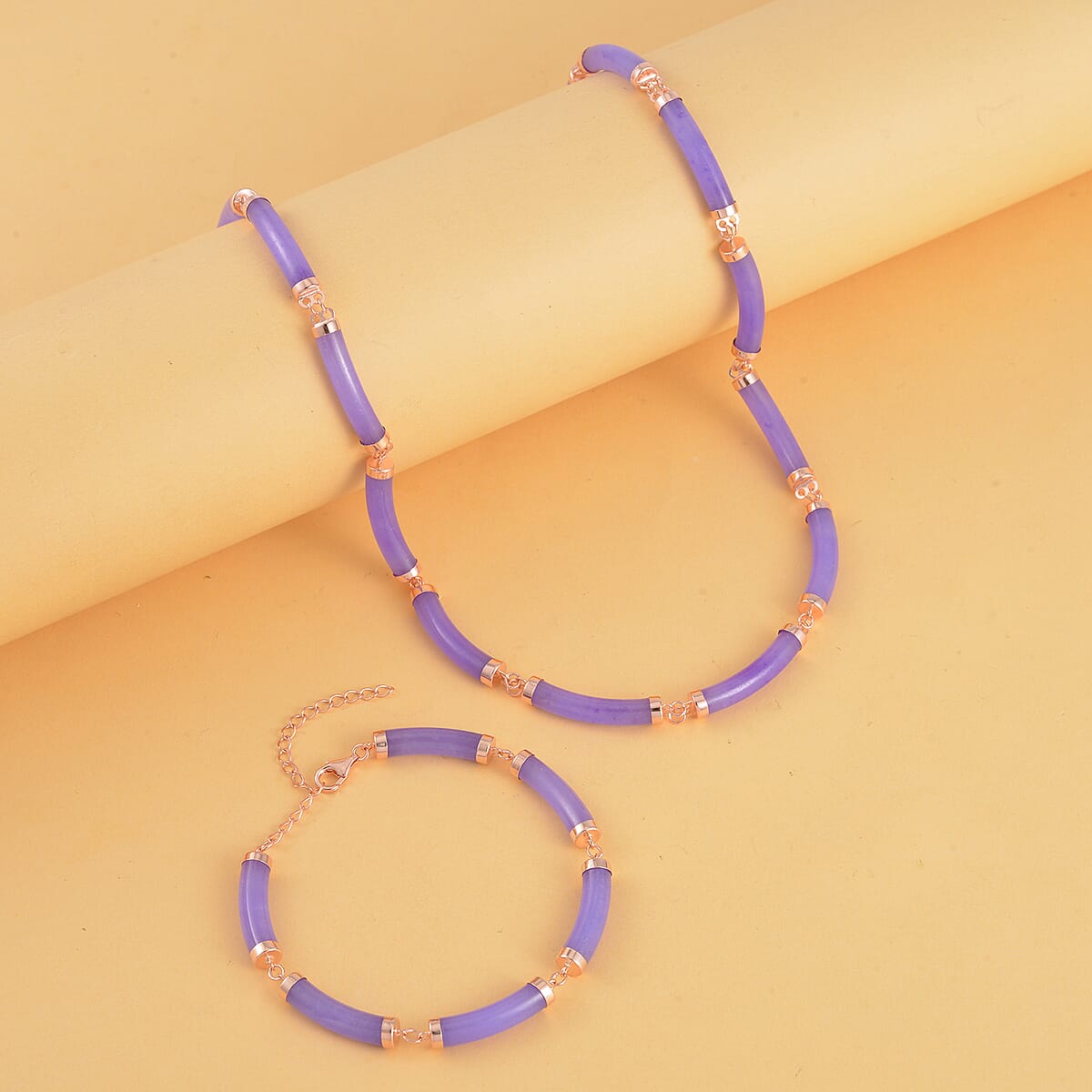 Purple Jade (D) Bracelet (6.50-8.50In) and Necklace 18-20 Inches in Vermeil Rose Gold Over Sterling Silver 140.00 ctw image number 1