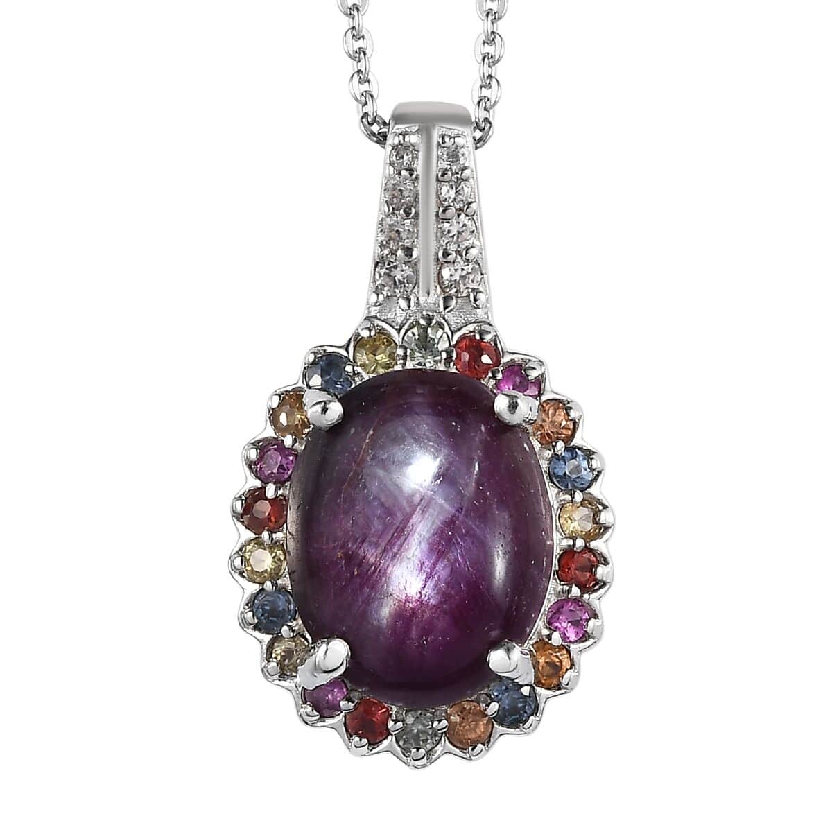 Indian Star Ruby and Multi Gemstone Floral Pendant Necklace 20 Inches in Platinum Over Sterling Silver 7.40 ctw image number 0