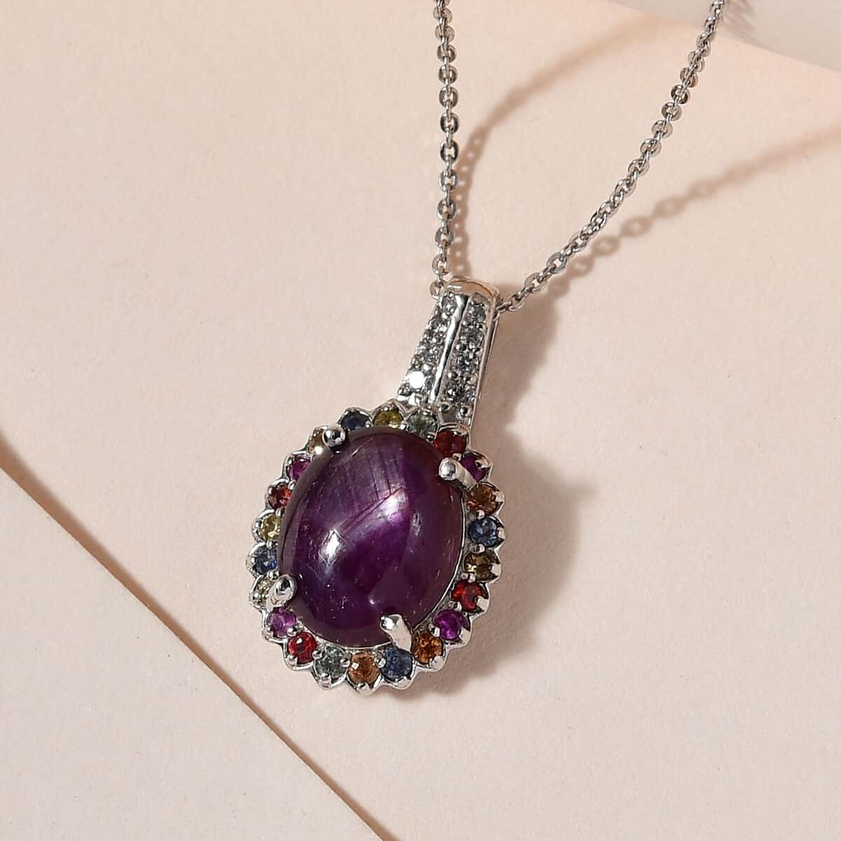 Indian Star Ruby and Multi Gemstone Floral Pendant Necklace 20 Inches in Platinum Over Sterling Silver 7.40 ctw image number 1