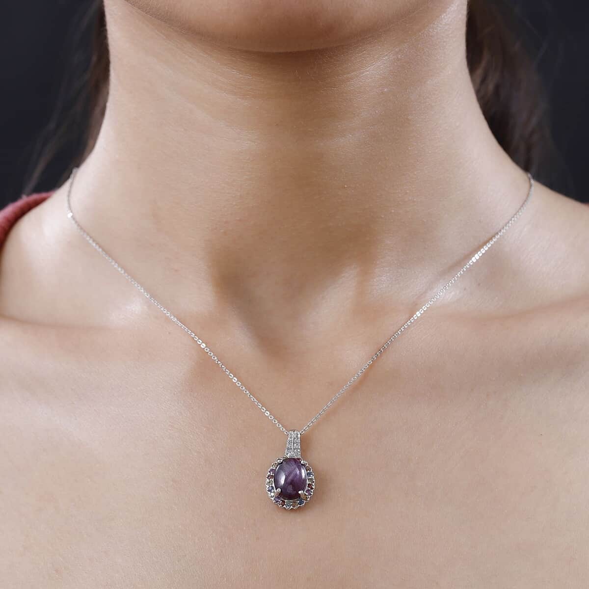 Indian Star Ruby and Multi Gemstone Floral Pendant Necklace 20 Inches in Platinum Over Sterling Silver 7.40 ctw image number 2