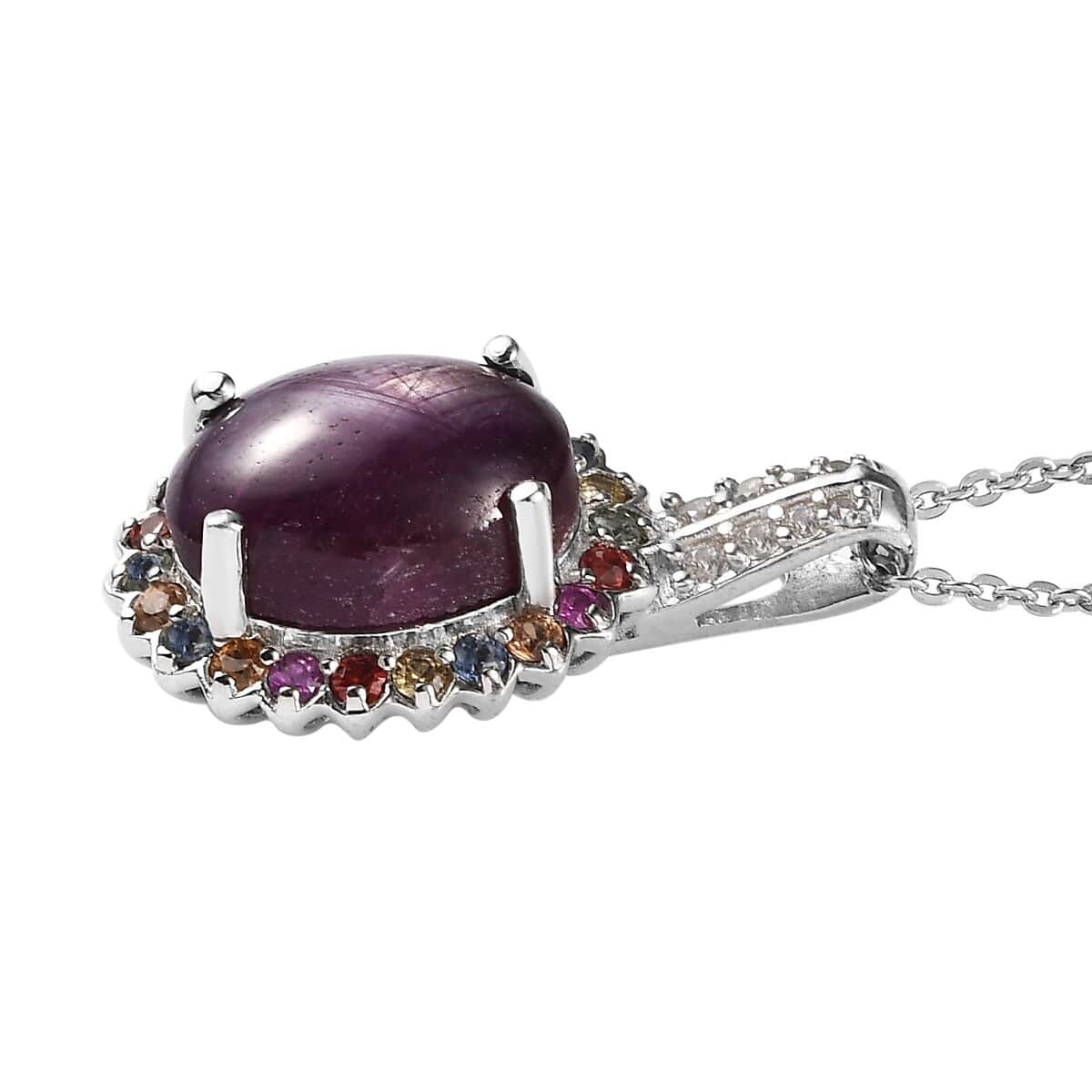 Indian Star Ruby and Multi Gemstone Floral Pendant Necklace 20 Inches in Platinum Over Sterling Silver 7.40 ctw image number 3