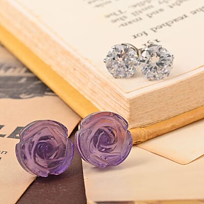 Amethyst, Simulated Diamond Set of 2 Stud Earrings in Stainless Steel 8.40 ctw | Tarnish-Free, Waterproof, Sweat Proof Jewelry