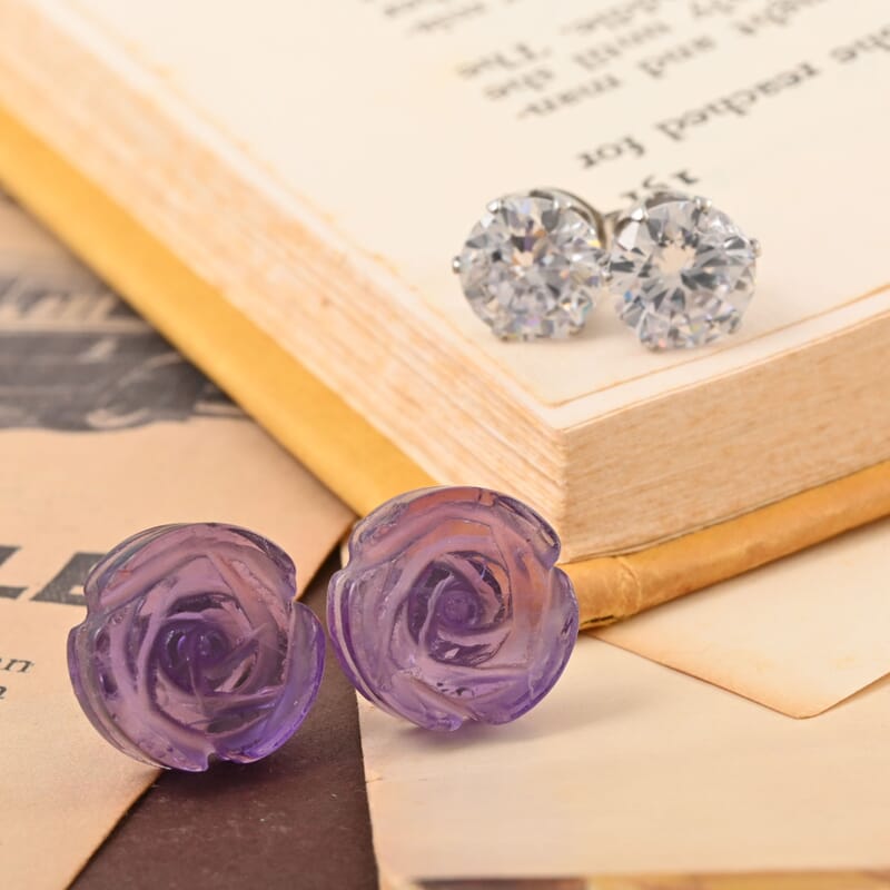 Amethyst, Simulated Diamond Set of 2 Stud Earrings in Stainless Steel 8.40 ctw | Tarnish-Free, Waterproof, Sweat Proof Jewelry