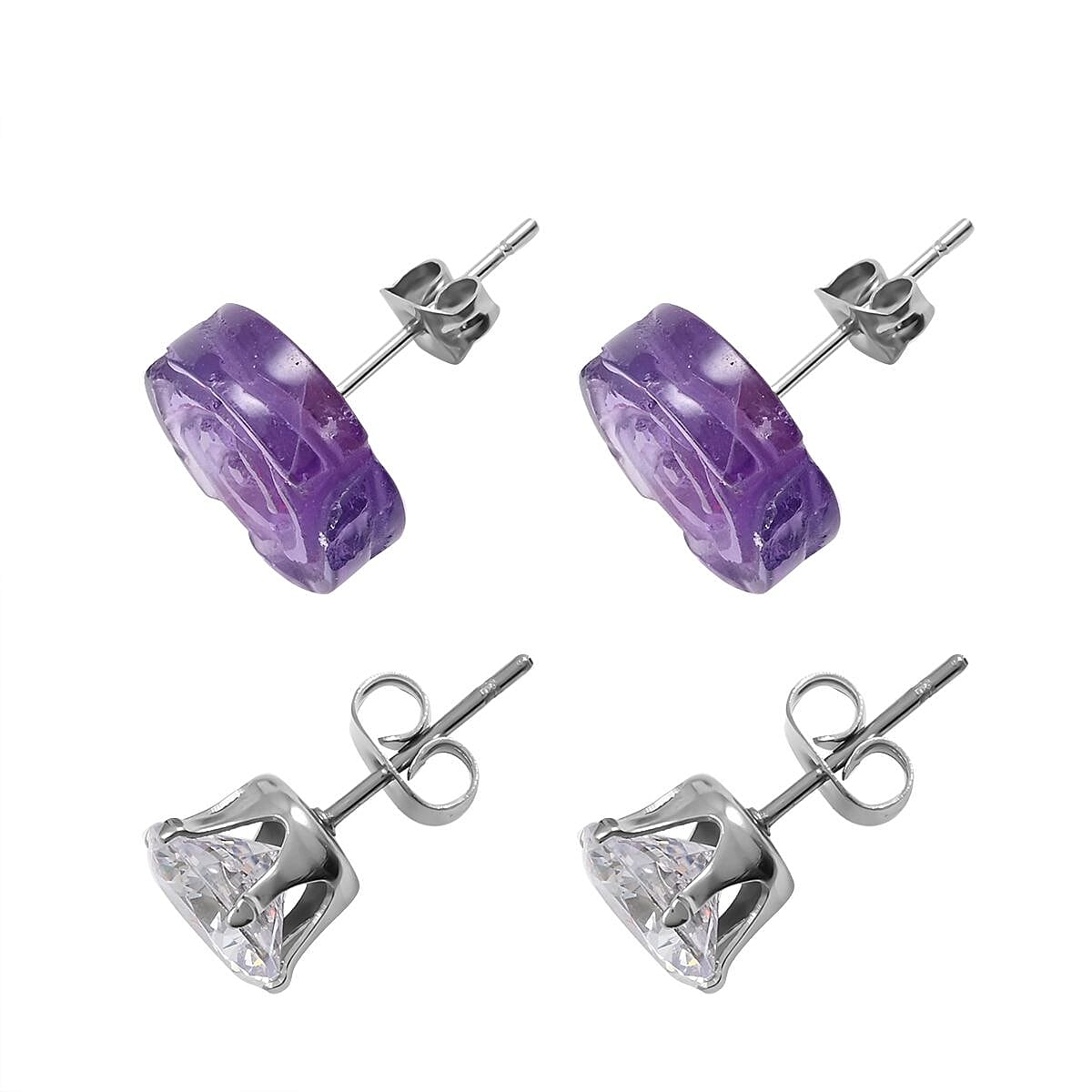 Amethyst and Simulated Diamond Set of 2 Stud Earrings in Stainless Steel 8.40 ctw image number 4