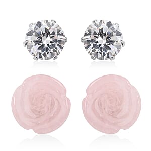 Galilea Rose Quartz, Simulated Diamond Set of 2 Stud Earrings in Stainless Steel 8.40 ctw | Tarnish-Free, Waterproof, Sweat Proof Jewelry