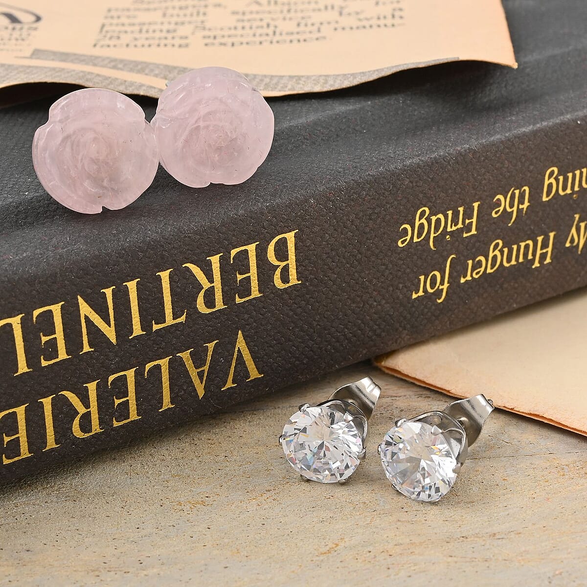 Galilea Rose Quartz, Simulated Diamond Set of 2 Stud Earrings in Stainless Steel 8.40 ctw | Tarnish-Free, Waterproof, Sweat Proof Jewelry image number 1