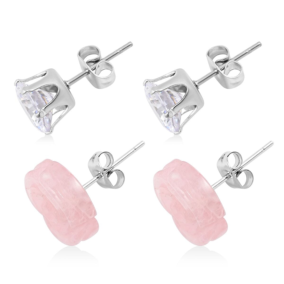 Galilea Rose Quartz, Simulated Diamond Set of 2 Stud Earrings in Stainless Steel 8.40 ctw | Tarnish-Free, Waterproof, Sweat Proof Jewelry image number 4