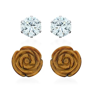 Yellow Tiger's Eye, Simulated Diamond Set of 2 Stud Earrings in Stainless Steel 8.40 ctw | Tarnish-Free, Waterproof, Sweat Proof Jewelry