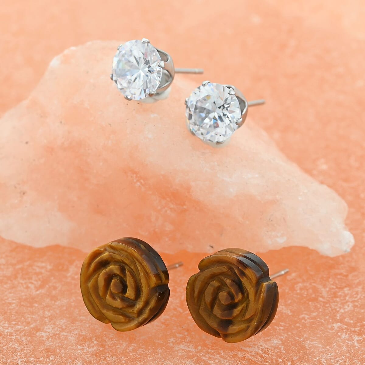 Yellow Tiger's Eye, Simulated Diamond Set of 2 Stud Earrings in Stainless Steel 8.40 ctw | Tarnish-Free, Waterproof, Sweat Proof Jewelry image number 1