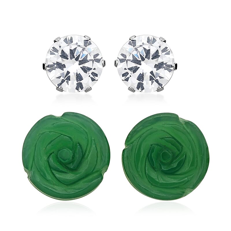 Green Onyx, Simulated Diamond Set of 2 Stud Earrings in Stainless Steel 8.40 ctw | Tarnish-Free, Waterproof, Sweat Proof Jewelry