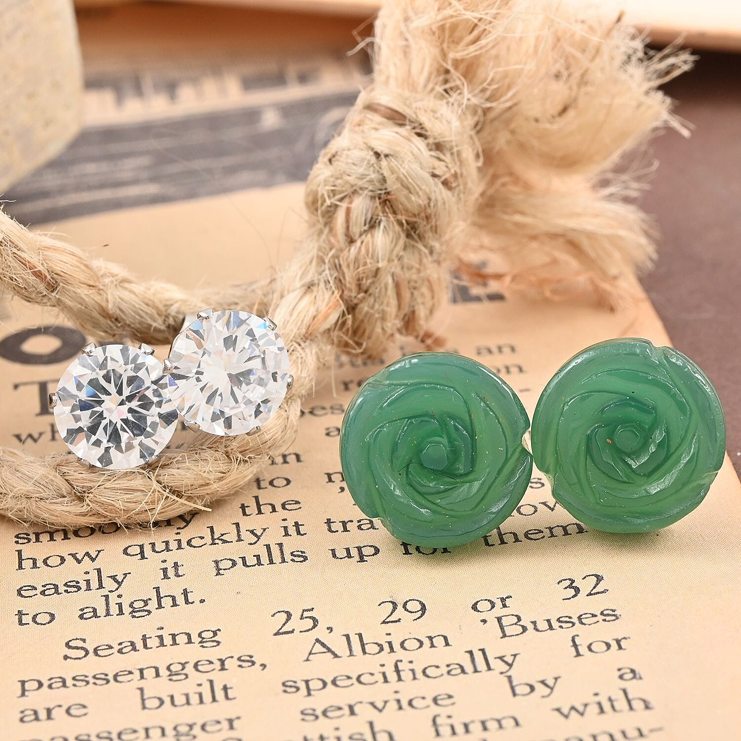 Green Onyx, Simulated Diamond Set of 2 Stud Earrings in Stainless Steel 8.40 ctw | Tarnish-Free, Waterproof, Sweat Proof Jewelry