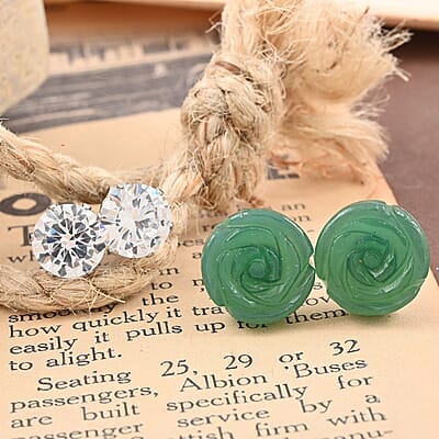 Green Onyx, Simulated Diamond Set of 2 Stud Earrings in Stainless Steel 8.40 ctw | Tarnish-Free, Waterproof, Sweat Proof Jewelry