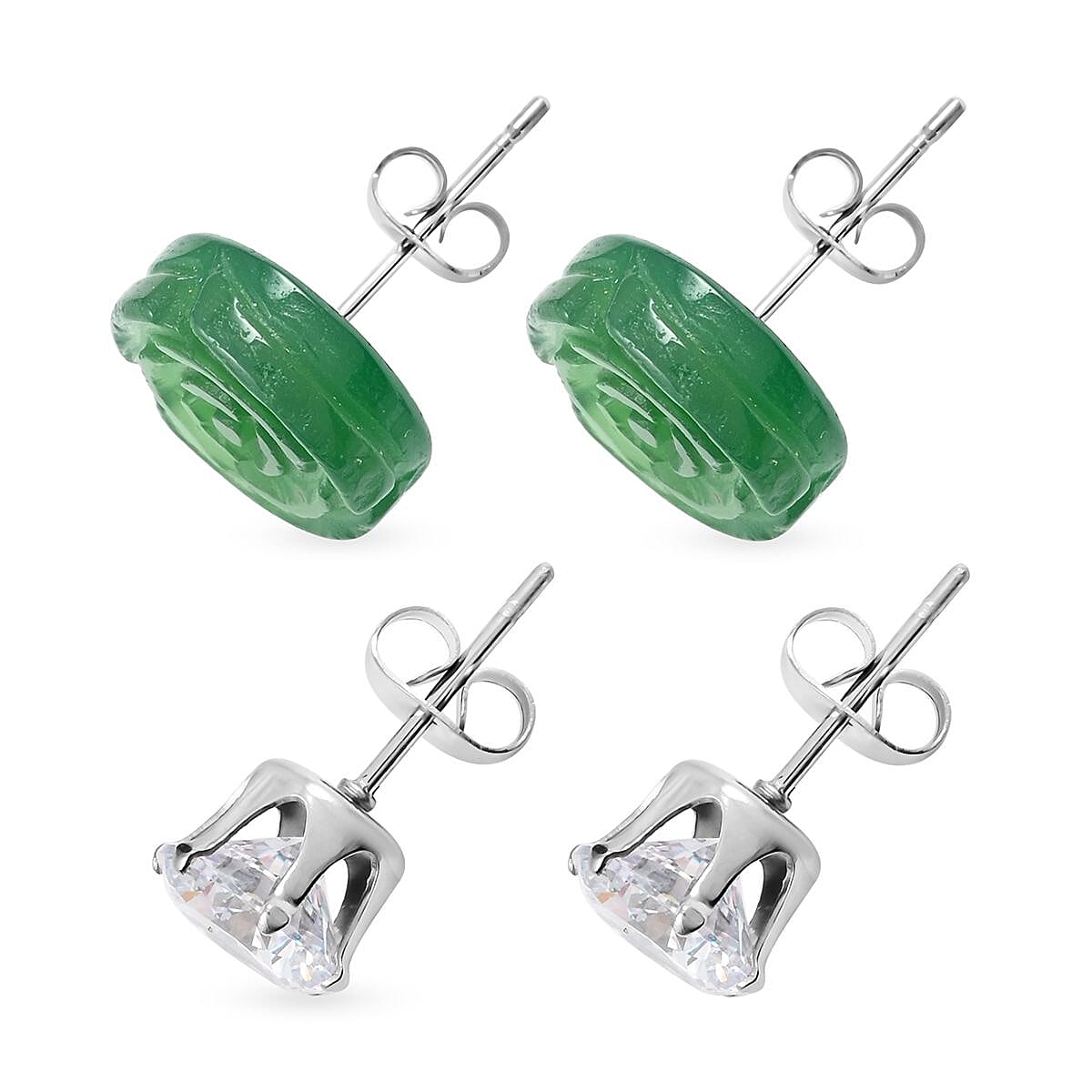 Green Onyx, Simulated Diamond Set of 2 Stud Earrings in Stainless Steel 8.40 ctw | Tarnish-Free, Waterproof, Sweat Proof Jewelry