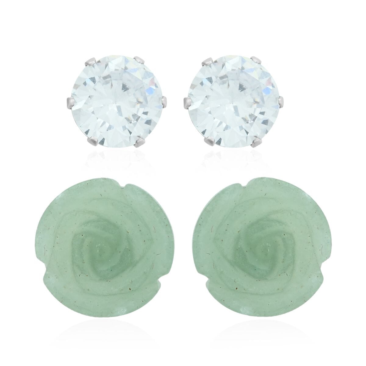 Green Aventurine, Simulated Diamond Set of 2 Stud Earrings in Stainless Steel 8.40 ctw | Tarnish-Free, Waterproof, Sweat Proof Jewelry image number 0