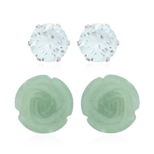 Green Aventurine, Simulated Diamond Set of 2 Stud Earrings in Stainless Steel 8.40 ctw | Tarnish-Free, Waterproof, Sweat Proof Jewelry