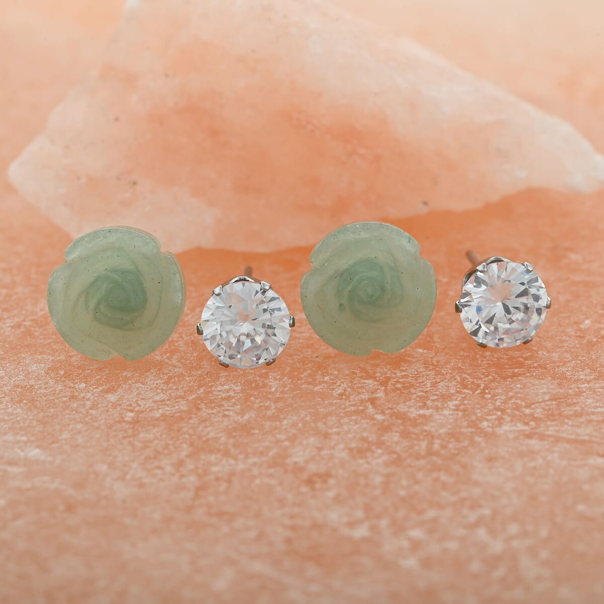 Green Aventurine, Simulated Diamond Set of 2 Stud Earrings in Stainless Steel 8.40 ctw | Tarnish-Free, Waterproof, Sweat Proof Jewelry image number 1