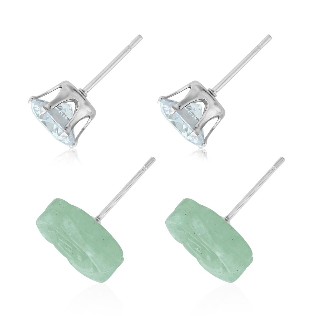 Green Aventurine, Simulated Diamond Set of 2 Stud Earrings in Stainless Steel 8.40 ctw | Tarnish-Free, Waterproof, Sweat Proof Jewelry image number 4