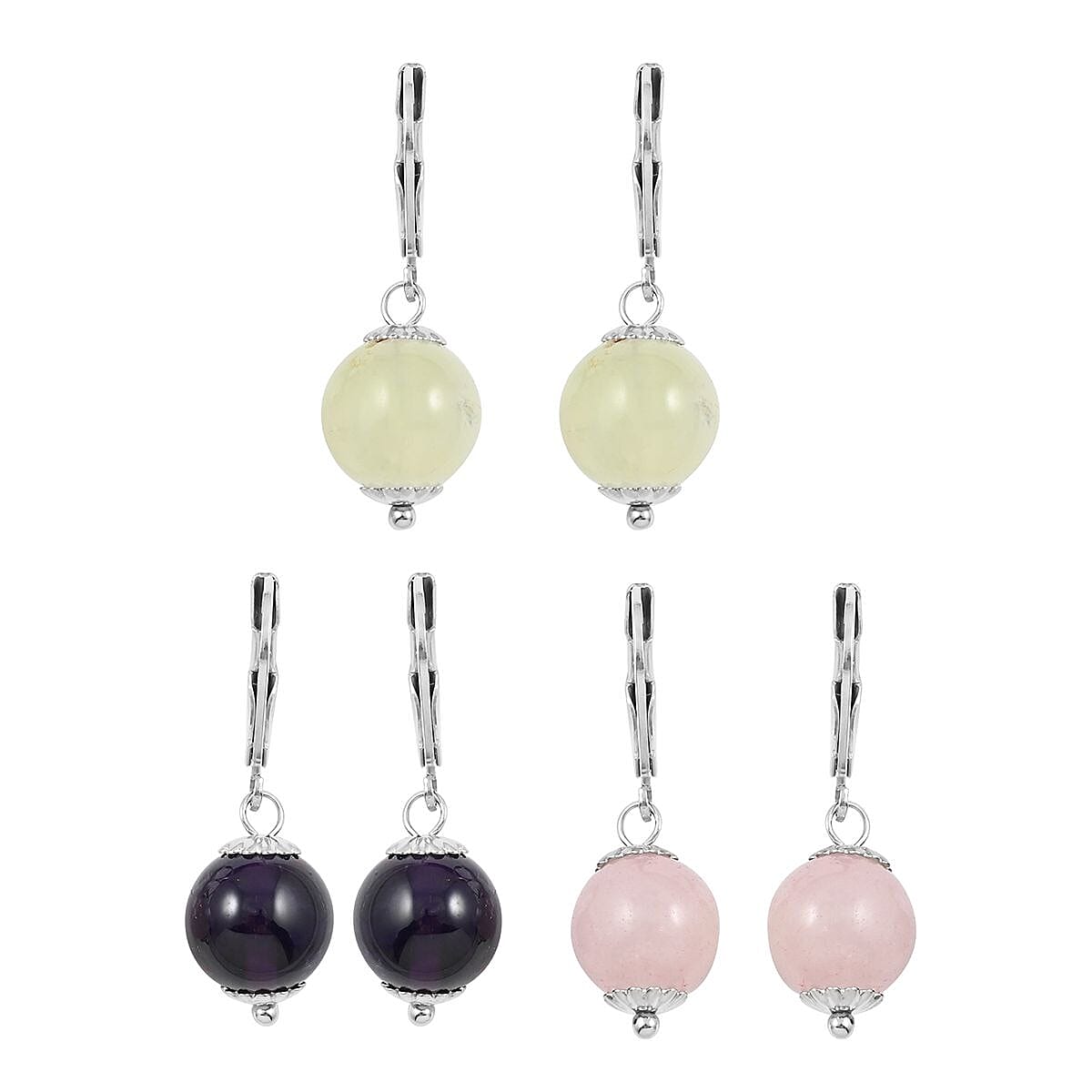 Amethyst, Prehnite, Galilea Rose Quartz Set of 3 Earrings in Stainless Steel 18.00 ctw , Tarnish-Free, Waterproof, Sweat Proof Jewelry image number 0