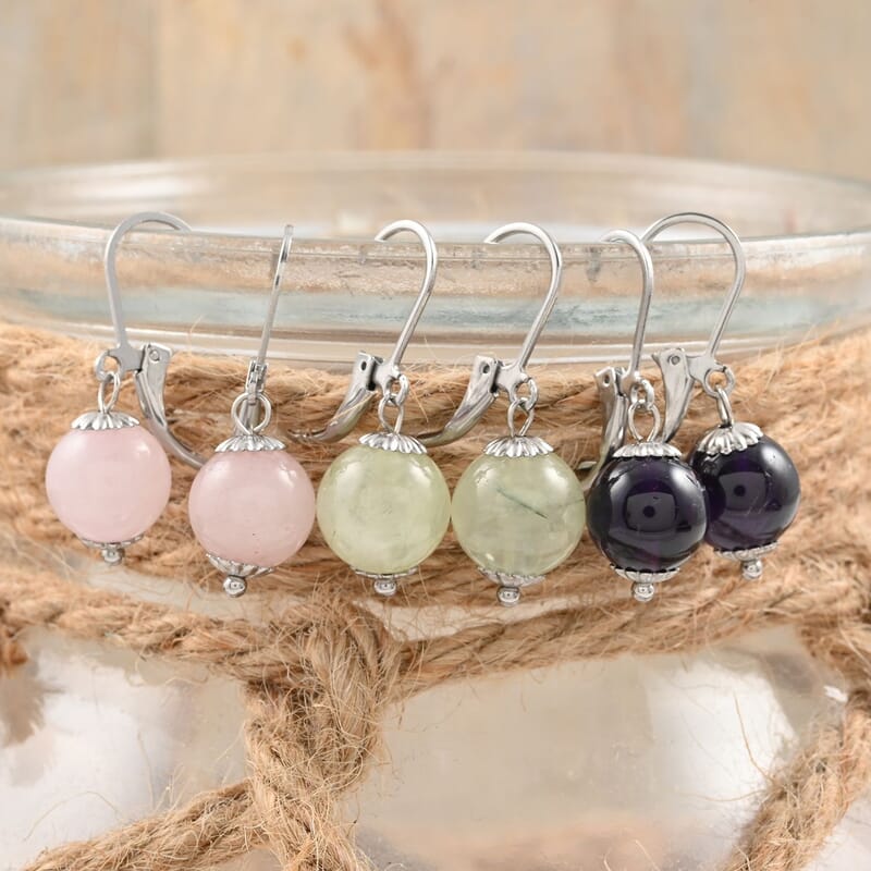 Amethyst, Prehnite, Galilea Rose Quartz 18.00 ctw Set of 3 Earrings in Stainless Steel, Tarnish-Free, Waterproof, Sweat Proof Jewelry