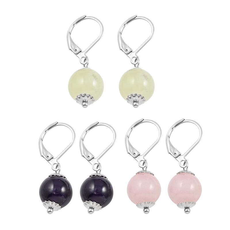 Amethyst, Prehnite, Galilea Rose Quartz 18.00 ctw Set of 3 Earrings in Stainless Steel, Tarnish-Free, Waterproof, Sweat Proof Jewelry
