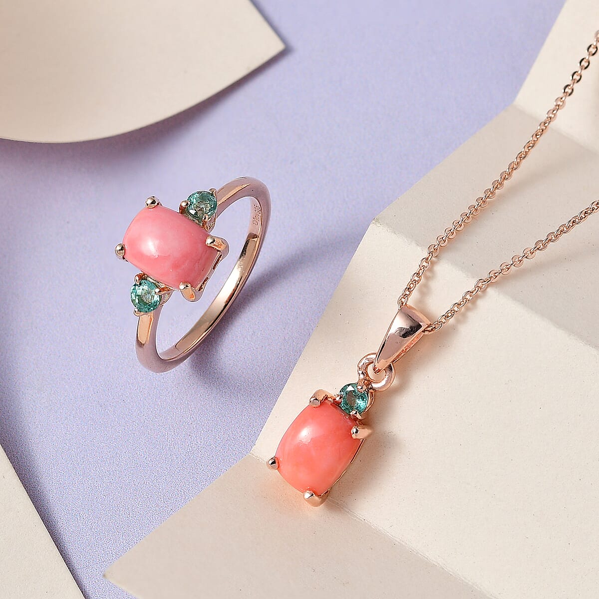 Oregon Peach Opal, Boyaca Colombian Emerald Ring and Pendant Necklace 20 Inches in Vermeil Rose Gold Over Sterling Silver 2.25 ctw image number 1