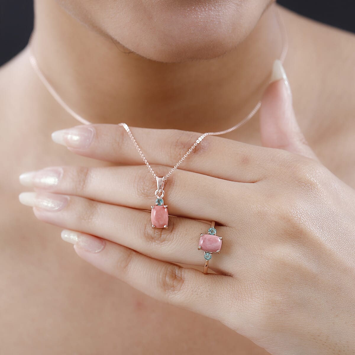 Oregon Peach Opal, Boyaca Colombian Emerald Ring (Size 9.0) and Pendant Necklace 20 Inches in Vermeil Rose Gold Over Sterling Silver 2.25 ctw image number 2