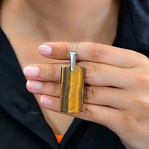Tigers Eye Pendant 35.00 ctw Necklace in Stainless Steel 20 Inches