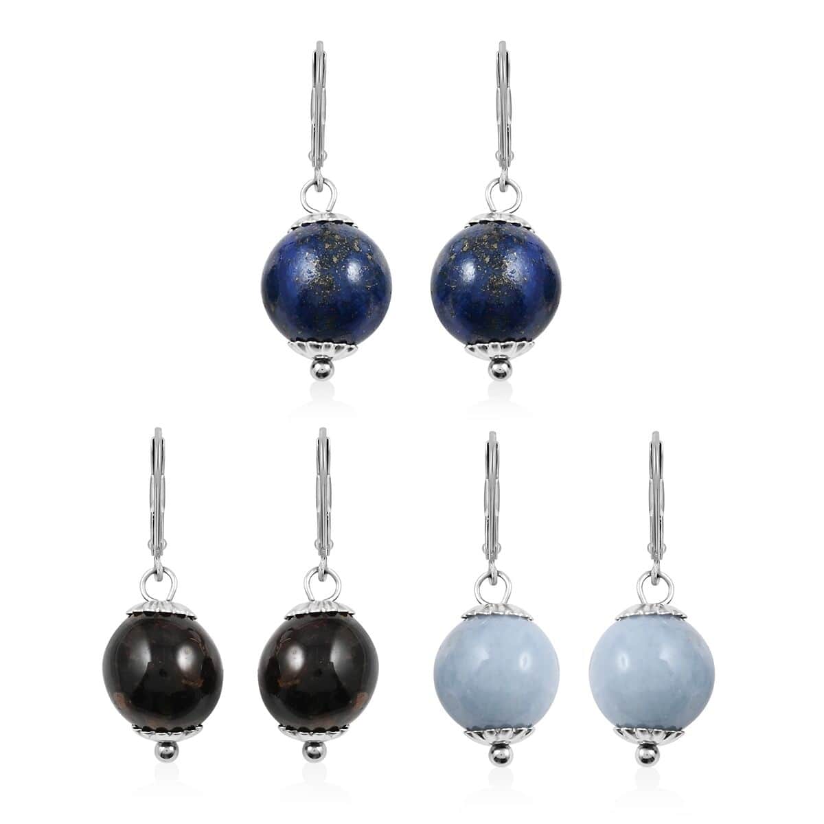 Lapis Lazuli, Blue Angelite, Yellow Tiger's Eye 18.00 ctw Set of 3 Earrings in Stainless Steel, Tarnish-Free, Waterproof, Sweat Proof Jewelry image number 0