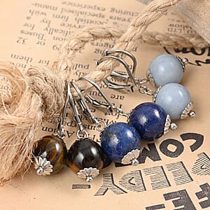 Lapis Lazuli, Blue Angelite, Yellow Tiger's Eye 18.00 ctw Set of 3 Earrings in Stainless Steel, Tarnish-Free, Waterproof, Sweat Proof Jewelry