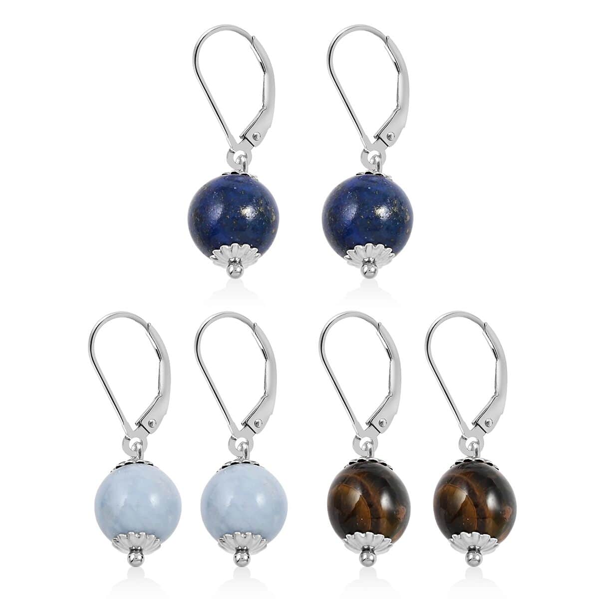 Lapis Lazuli, Blue Angelite, Yellow Tiger's Eye 18.00 ctw Set of 3 Earrings in Stainless Steel, Tarnish-Free, Waterproof, Sweat Proof Jewelry image number 2