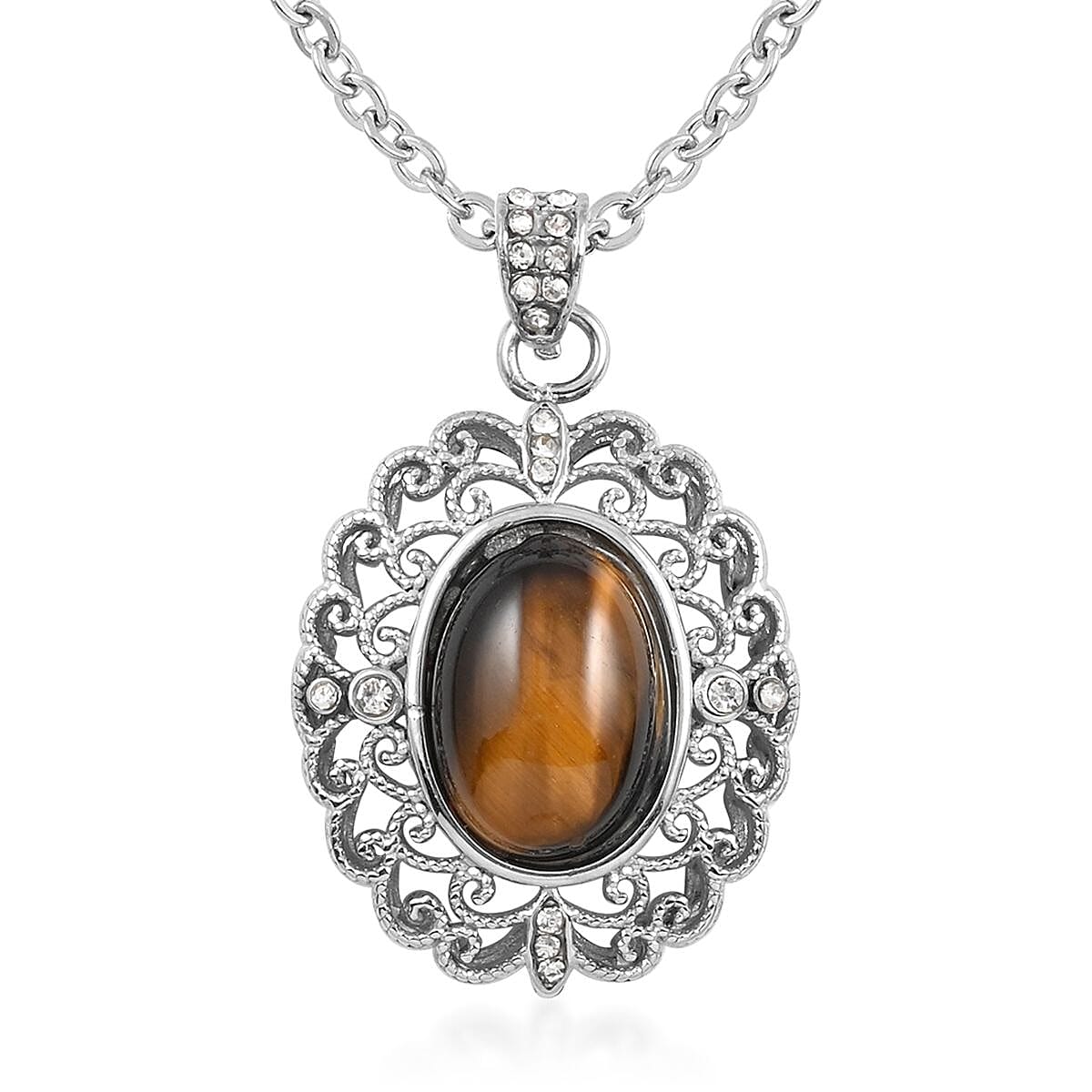 Yellow Tiger's Eye, Simulated Diamond Pendant Necklace (18-20 Inches) in Stainless Steel 5.25 ctw , Tarnish-Free, Waterproof, Sweat Proof Jewelry