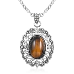 Yellow Tiger's Eye, Simulated Diamond Pendant Necklace (18-20 Inches) in Stainless Steel 5.25 ctw , Tarnish-Free, Waterproof, Sweat Proof Jewelry