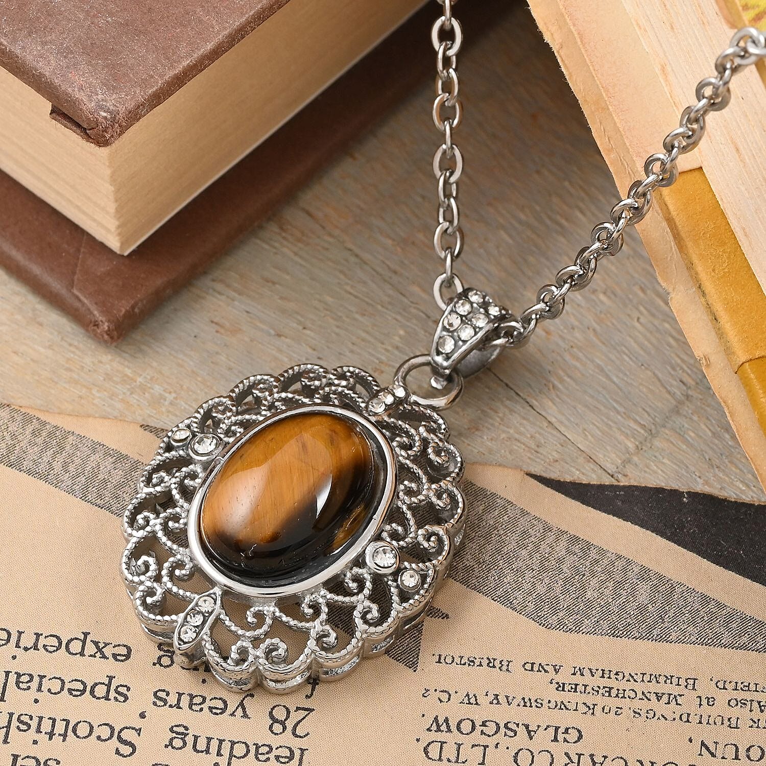 Yellow Tiger's Eye, Simulated Diamond Pendant Necklace (18-20 Inches) in Stainless Steel 5.25 ctw , Tarnish-Free, Waterproof, Sweat Proof Jewelry