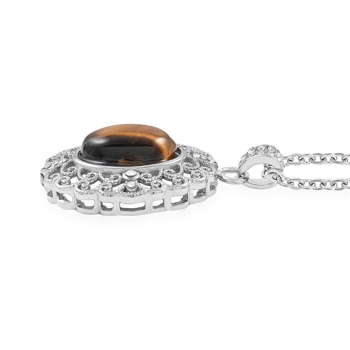 Yellow Tiger's Eye, Simulated Diamond Pendant Necklace (18-20 Inches) in Stainless Steel 5.25 ctw , Tarnish-Free, Waterproof, Sweat Proof Jewelry