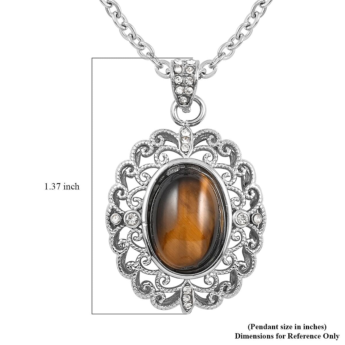 Yellow Tiger's Eye, Simulated Diamond Pendant Necklace (18-20 Inches) in Stainless Steel 5.25 ctw , Tarnish-Free, Waterproof, Sweat Proof Jewelry