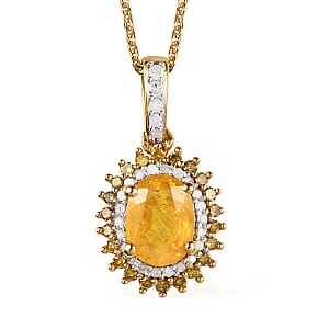 Madagascar Yellow Sapphire, Yellow and White Diamond Double Halo Pendant Necklace 20 Inches in Vermeil Yellow Gold Over Sterling Silver 2.00 ctw