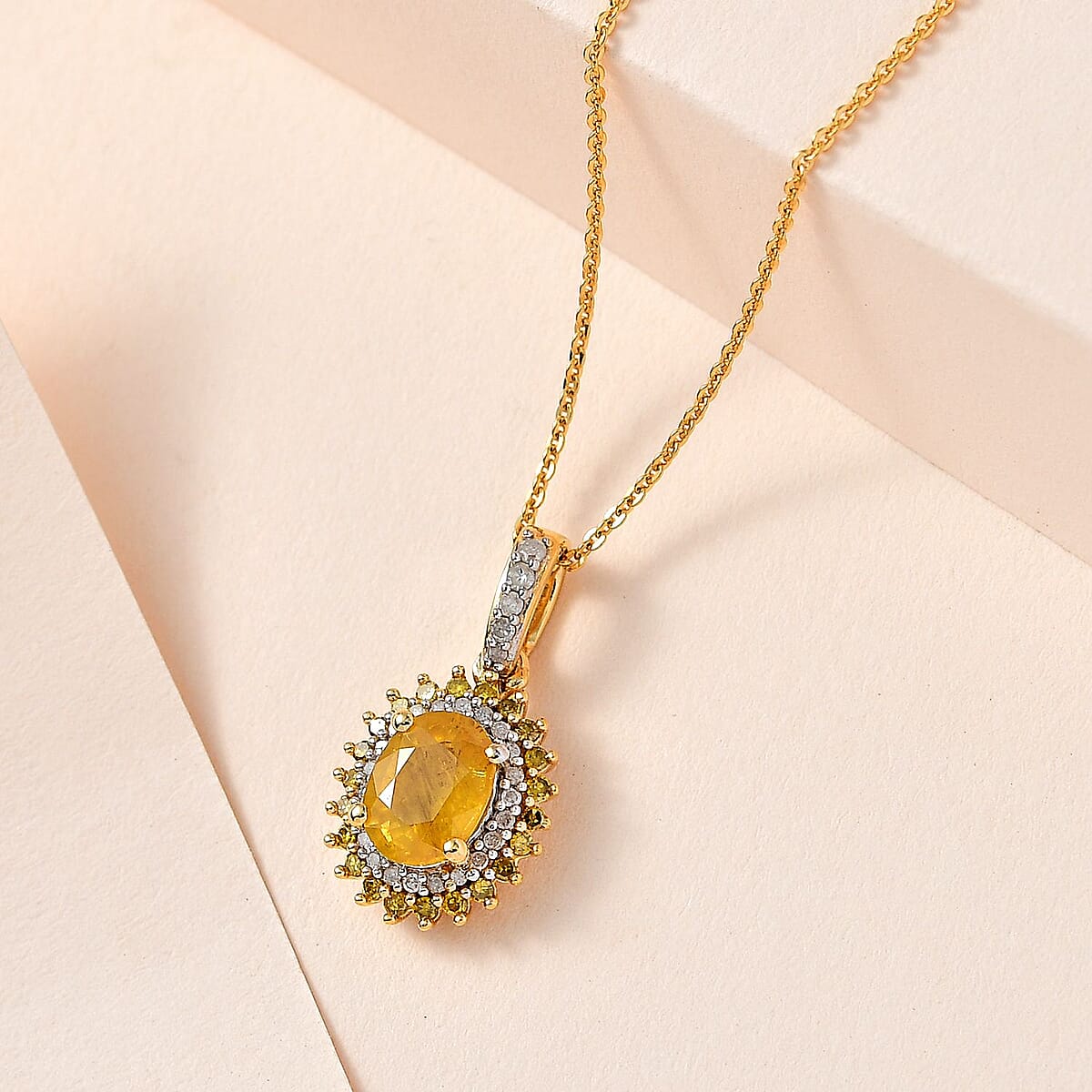 Madagascar Yellow Sapphire, Yellow and White Diamond Double Halo Pendant Necklace 20 Inches in Vermeil Yellow Gold Over Sterling Silver 2.00 ctw image number 1