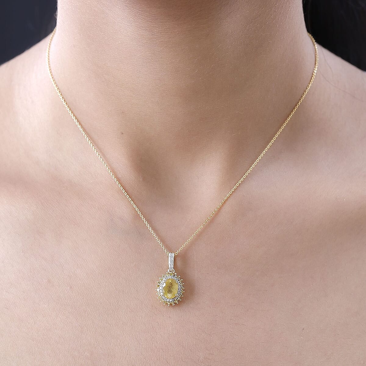 Madagascar Yellow Sapphire, Yellow and White Diamond Double Halo Pendant Necklace 20 Inches in Vermeil Yellow Gold Over Sterling Silver 2.00 ctw image number 2