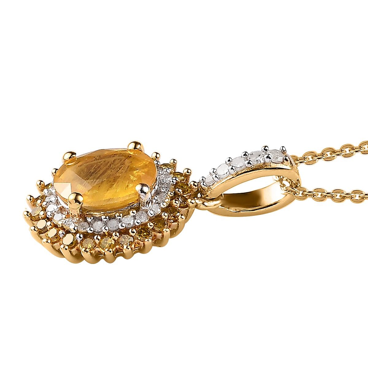 Madagascar Yellow Sapphire, Yellow and White Diamond Double Halo Pendant Necklace 20 Inches in Vermeil Yellow Gold Over Sterling Silver 2.00 ctw image number 3