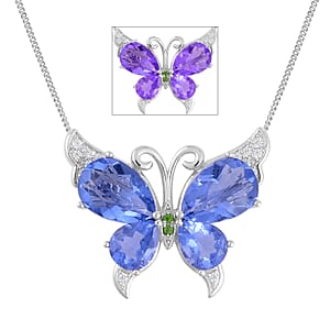 Color Change Fluorite (IR) and Multi Gemstone Butterfly Pendant Necklace 18 Inches in Rhodium Over Sterling Silver 14.10 ctw