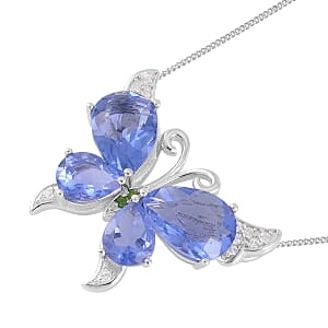 Color Change Fluorite (IR) and Multi Gemstone Butterfly Pendant Necklace 18 Inches in Rhodium Over Sterling Silver 14.10 ctw