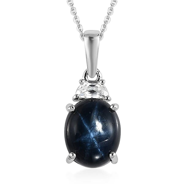 Blue Star Sapphire (DF) and White Zircon Pendant Necklace 20 Inches in Platinum Over Sterling Silver 4.60 ctw