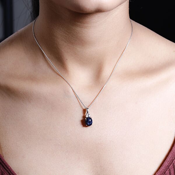 Blue Star Sapphire (DF) and White Zircon Pendant Necklace 20 Inches in Platinum Over Sterling Silver 4.60 ctw