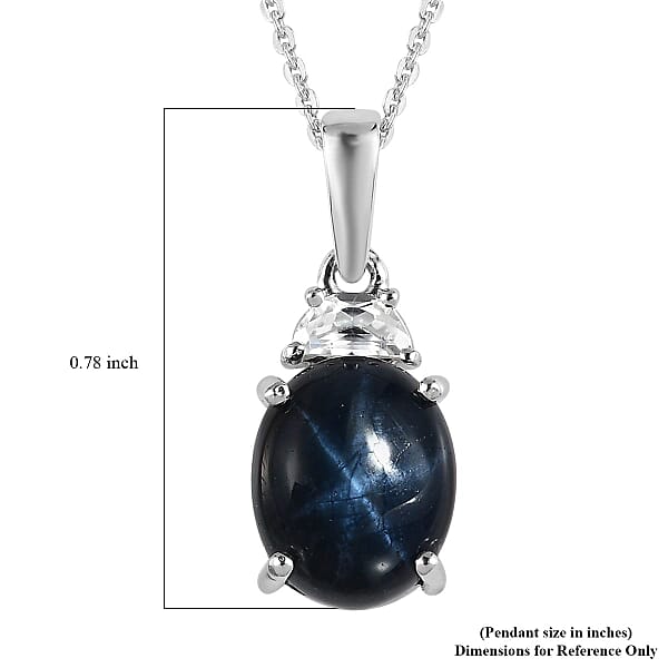 Blue Star Sapphire (DF) and White Zircon Pendant Necklace 20 Inches in Platinum Over Sterling Silver 4.60 ctw