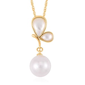 White Edison Pearl and White Mother of Pearl Pendant Necklace 20 Inches in Goldtone