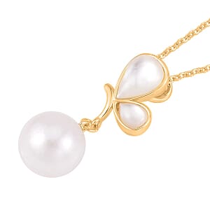 White Edison Pearl and White Mother of Pearl Pendant Necklace 20 Inches in Goldtone